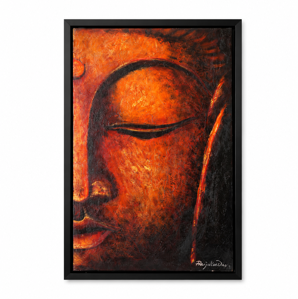 Framed wall art featuring a close-up textured painting of a Buddha face in warm orange, red, and brown tones, set in a black frame against a white background.