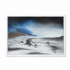 A framed landscape painting depicting a moody coastal scene with a small boat on misty water under a dark blue and gray sky, shown against a plain white background.