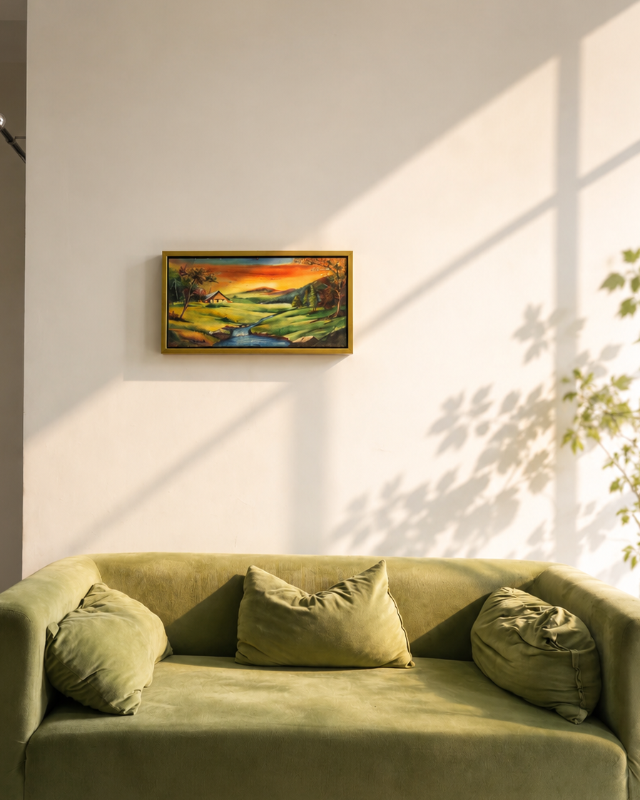 A framed landscape painting hangs on a white wall above a green velvet sofa with matching pillows, lit by warm sunlight with leaf shadows cast across the wall.